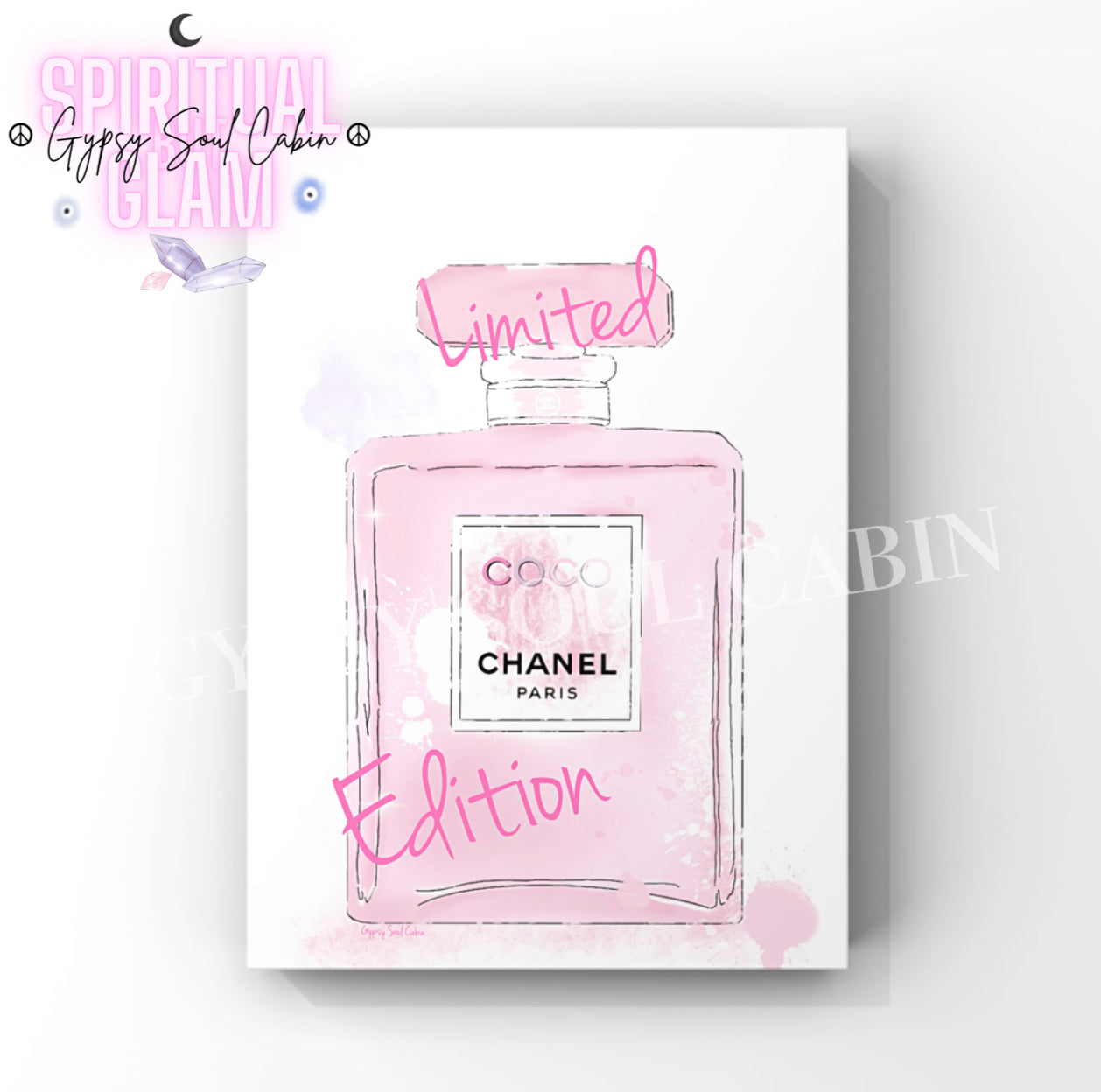 Four illustration A4 fashion prints featuring pink designer perfume bottles accented with chic watercolour splashes, graffiti hearts, and sparkling star details.