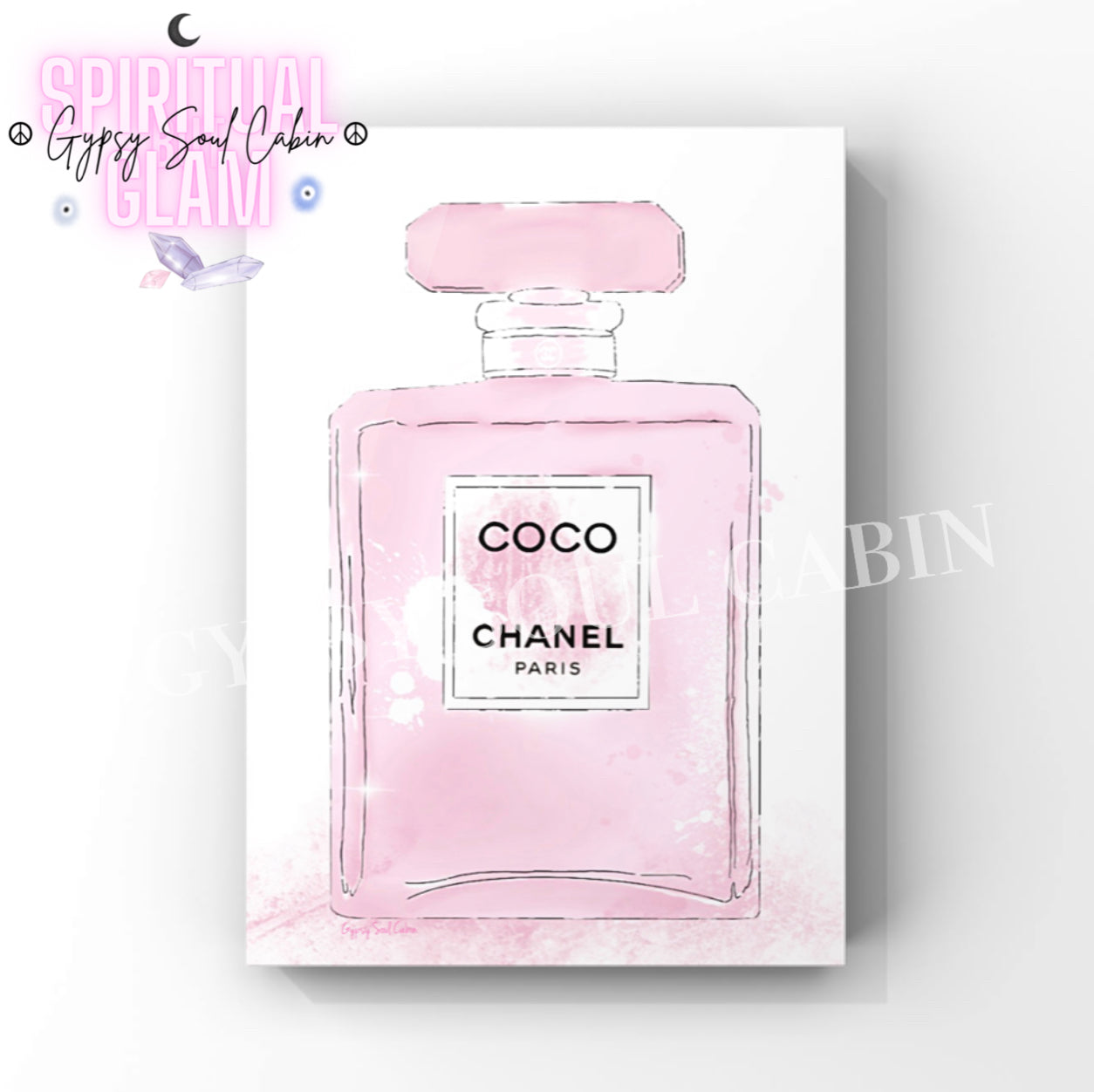 Four illustration A4 fashion prints featuring pink designer perfume bottles accented with chic watercolour splashes, graffiti hearts, and sparkling star details.