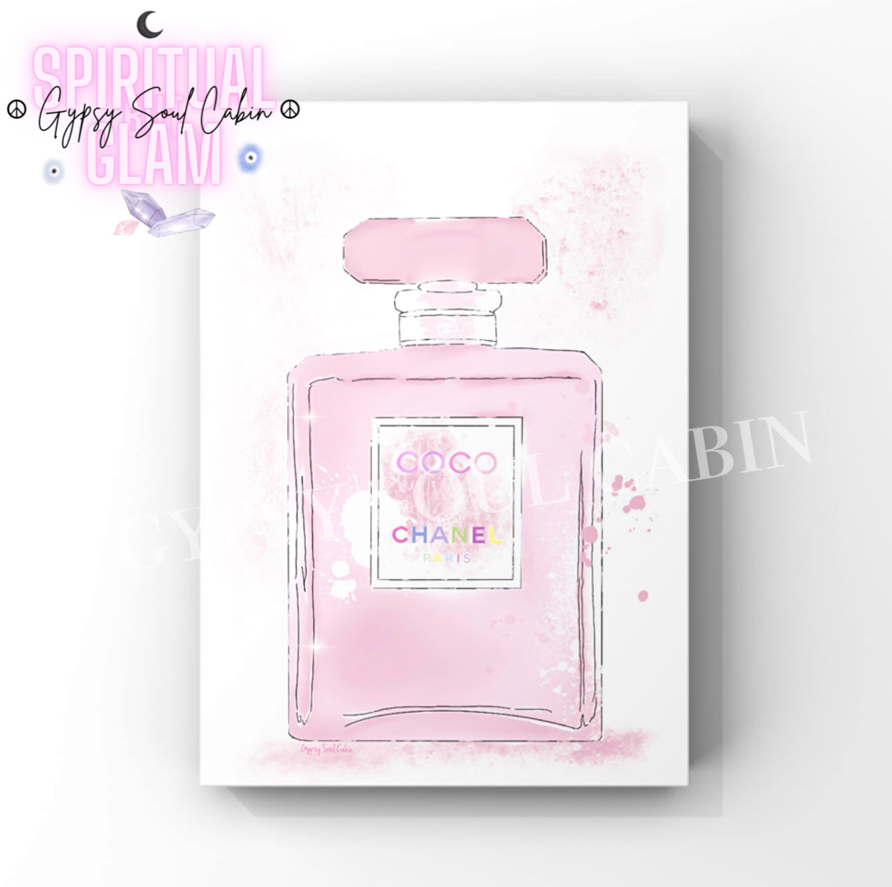 Four illustration A4 fashion prints featuring pink designer perfume bottles accented with chic watercolour splashes, graffiti hearts, and sparkling star details.