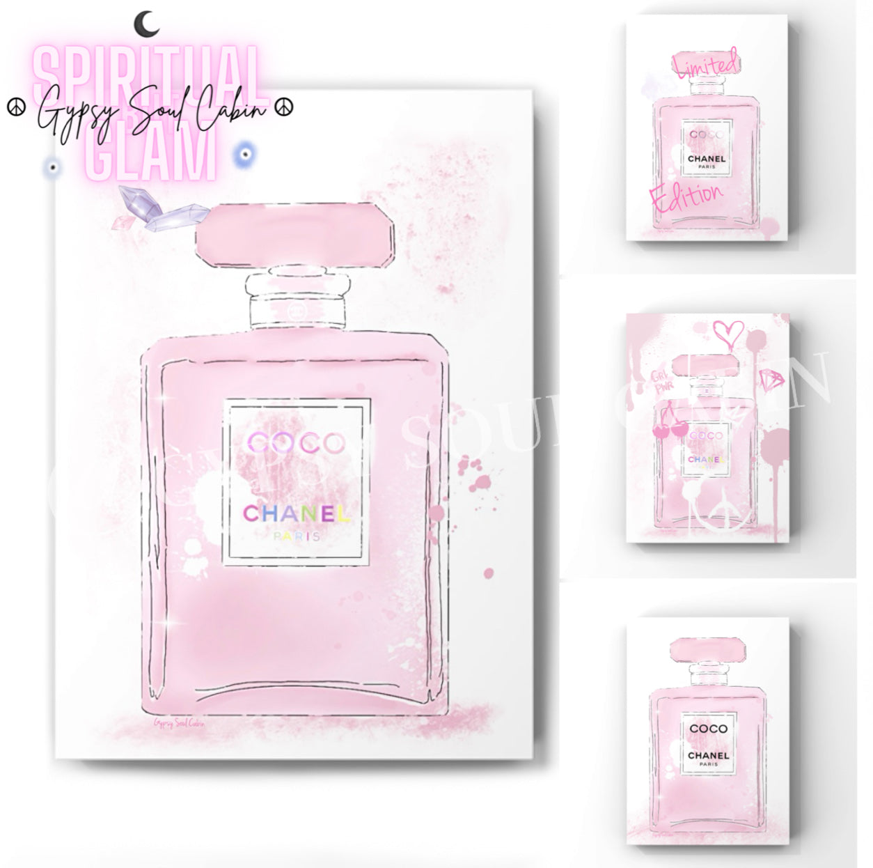 Four illustration A4 fashion prints featuring pink designer perfume bottles accented with chic watercolour splashes, graffiti hearts, and sparkling star details.