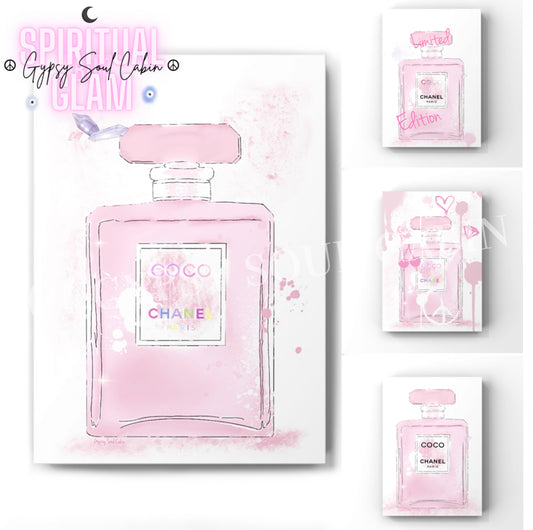 Four illustration A4 fashion prints featuring pink designer perfume bottles accented with chic watercolour splashes, graffiti hearts, and sparkling star details.