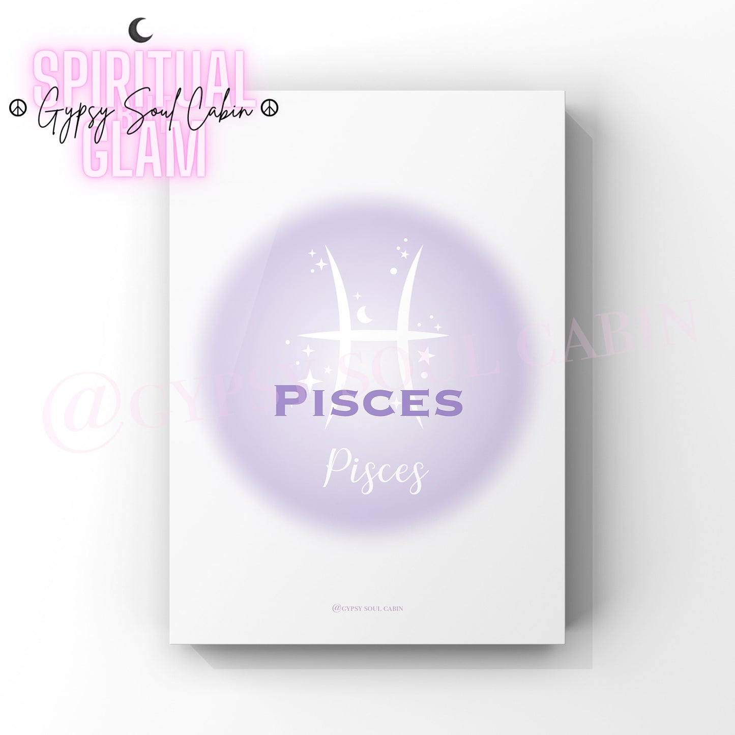 Minimalist A4 astrology wall art print featuring a blurry purple aura circle gradient with the word Pisces and its two connected fish symbol in clean white text.
