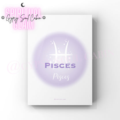 Minimalist A4 astrology wall art print featuring a blurry purple aura circle gradient with the word Pisces and its two connected fish symbol in clean white text.