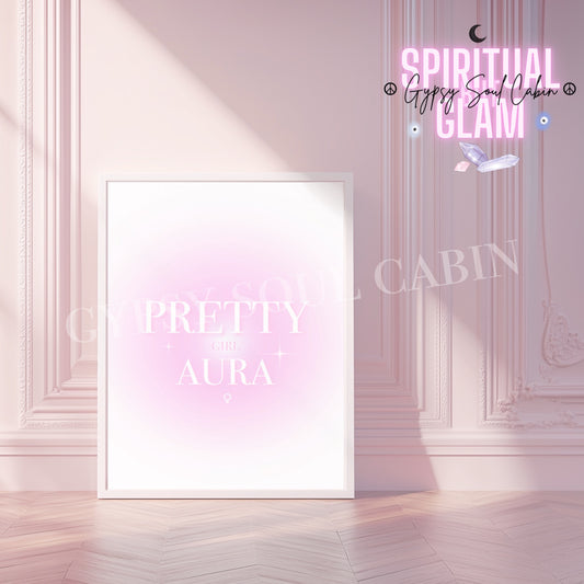 Chic pink gradient aura poster in a white frame on the floor featuring the text Pretty Girl
Aura with subtle star and sparkle details.