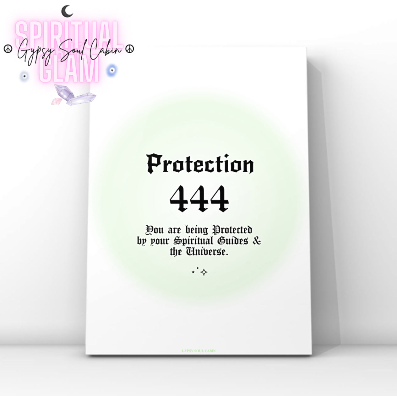 Minimalist A4 spiritual wall art print featuring a soft green aura gradient background with bold black gothic typography reading Protection 444 and a divine protection message block.