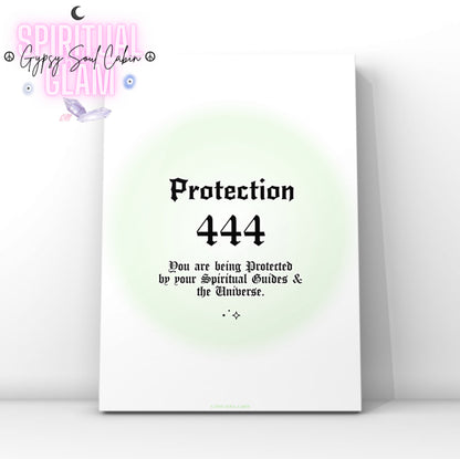Minimalist A4 spiritual wall art print featuring a soft green aura gradient background with bold black gothic typography reading Protection 444 and a divine protection message block.