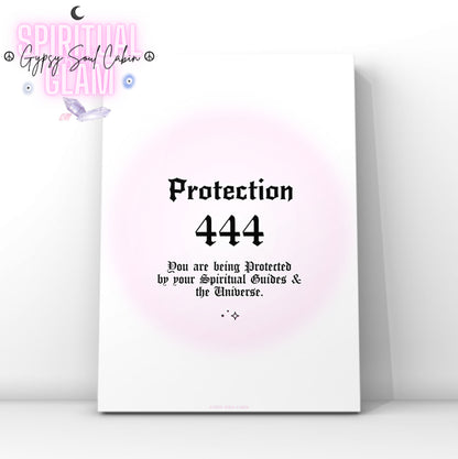 Minimalist A4 spiritual wall art print featuring a soft pink aura gradient background with bold black gothic typography reading Protection 444 and a divine protection message block.
