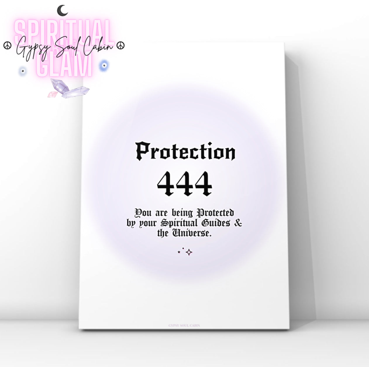 Minimalist A4 spiritual wall art print featuring a soft purple aura gradient background with bold black gothic typography reading Protection 444 and a divine protection message block.