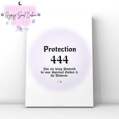 Minimalist A4 spiritual wall art print featuring a soft purple aura gradient background with bold black gothic typography reading Protection 444 and a divine protection message block.