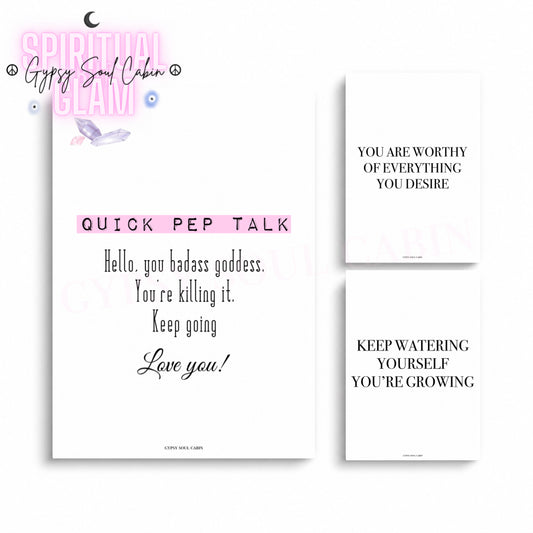 Three-piece minimalist typography wall art print set featuring a main Quick Pep Talk badass goddess affirmation, a You Are Worthy design, and a Keep Watering Yourself, You're Growing print.