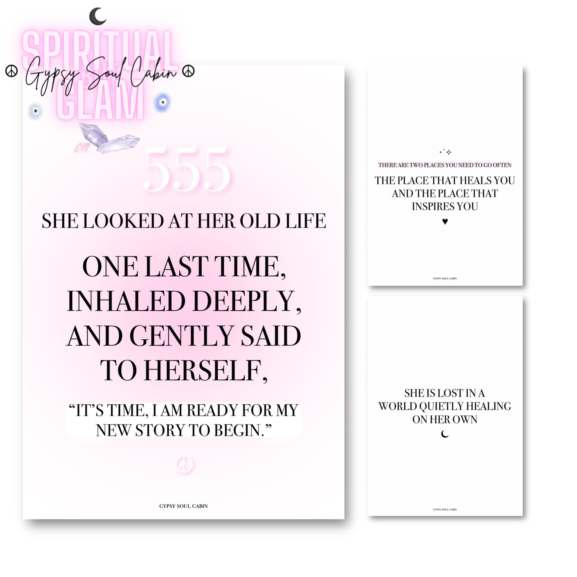 Set of three minimalist spiritual A4 typography prints focused on personal growth, the 555 angel number, and quiet emotional healing.