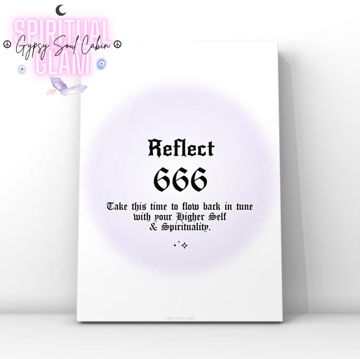 Minimalist A4 spiritual wall art print featuring a soft purple aura gradient background with bold black gothic typography reading Reflect 666 and a higher self alignment guide text block.