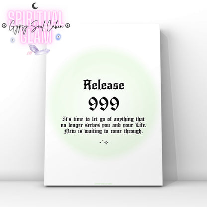 Minimalist A4 spiritual wall art print featuring a soft green aura gradient background with bold black gothic typography reading Release 999 and a cycle completion reminder text block.