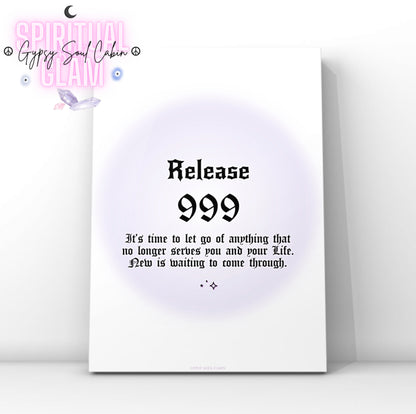 Minimalist A4 spiritual wall art print featuring a soft purple aura gradient background with bold black gothic typography reading Release 999 and a cycle completion reminder text block.
