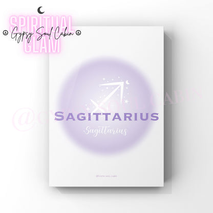 Minimalist A4 astrology wall art print featuring a blurry purple aura circle gradient with the word Sagittarius and its archer arrow symbol in clean white text.