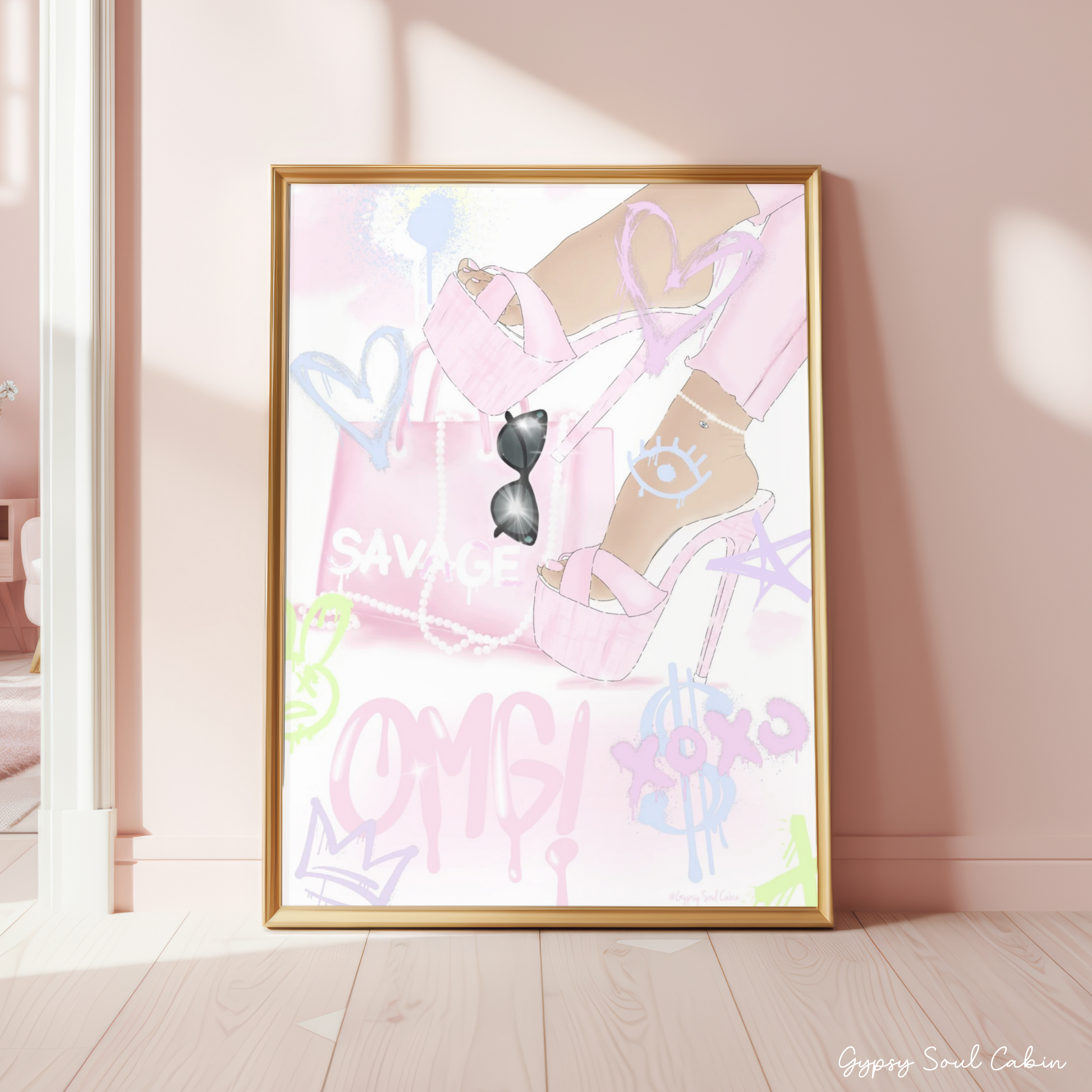 Minimalist A4 fashion print showcasing pastel pink platform high heels and a savage tote bag layered with multiple graffiti tags including a purple XOXO dollar sign, pink OMG, blue evil eye graphic, and a neon bunny scribble.