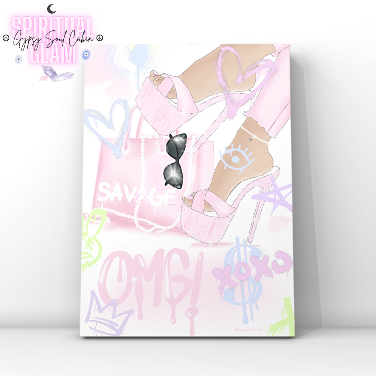 Minimalist A4 fashion print showcasing pastel pink platform high heels and a savage tote bag layered with multiple graffiti tags, including a purple XOXO dollar sign, pink OMG, blue evil eye graphic, and a neon bunny scribble.