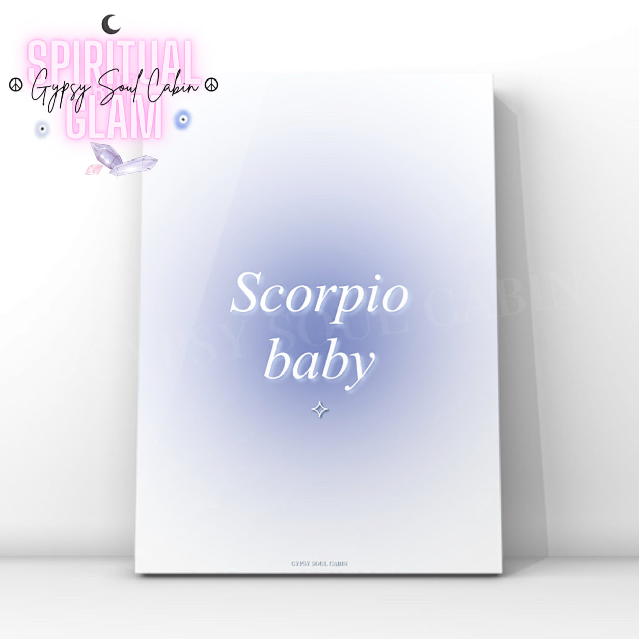 Gypsy Soul Cabin Scorpio baby blue gradient aura art print with aesthetic spiritual typography and a vibrant blue energy design.