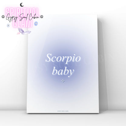 Gypsy Soul Cabin Scorpio baby blue gradient aura art print with aesthetic spiritual typography and a vibrant blue energy design.