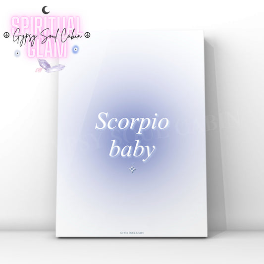 Gypsy Soul Cabin Scorpio baby blue gradient aura art print with aesthetic spiritual typography and a vibrant blue energy design.