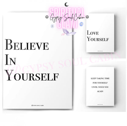 3-piece self-love typography print set gallery wall displaying the quotes “Believe In Yourself”, “Love Yourself”, and “Keep Taking Time For Yourself Until You Are You Again”.
