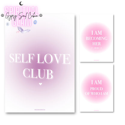 Set of three minimalist soft pink and purple gradient aura typography prints focused on self-love, 11:11 manifestation, and personal growth affirmations.
