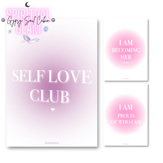 Set of three minimalist soft pink and purple gradient aura typography prints focused on self-love, 11:11 manifestation, and personal growth affirmations.