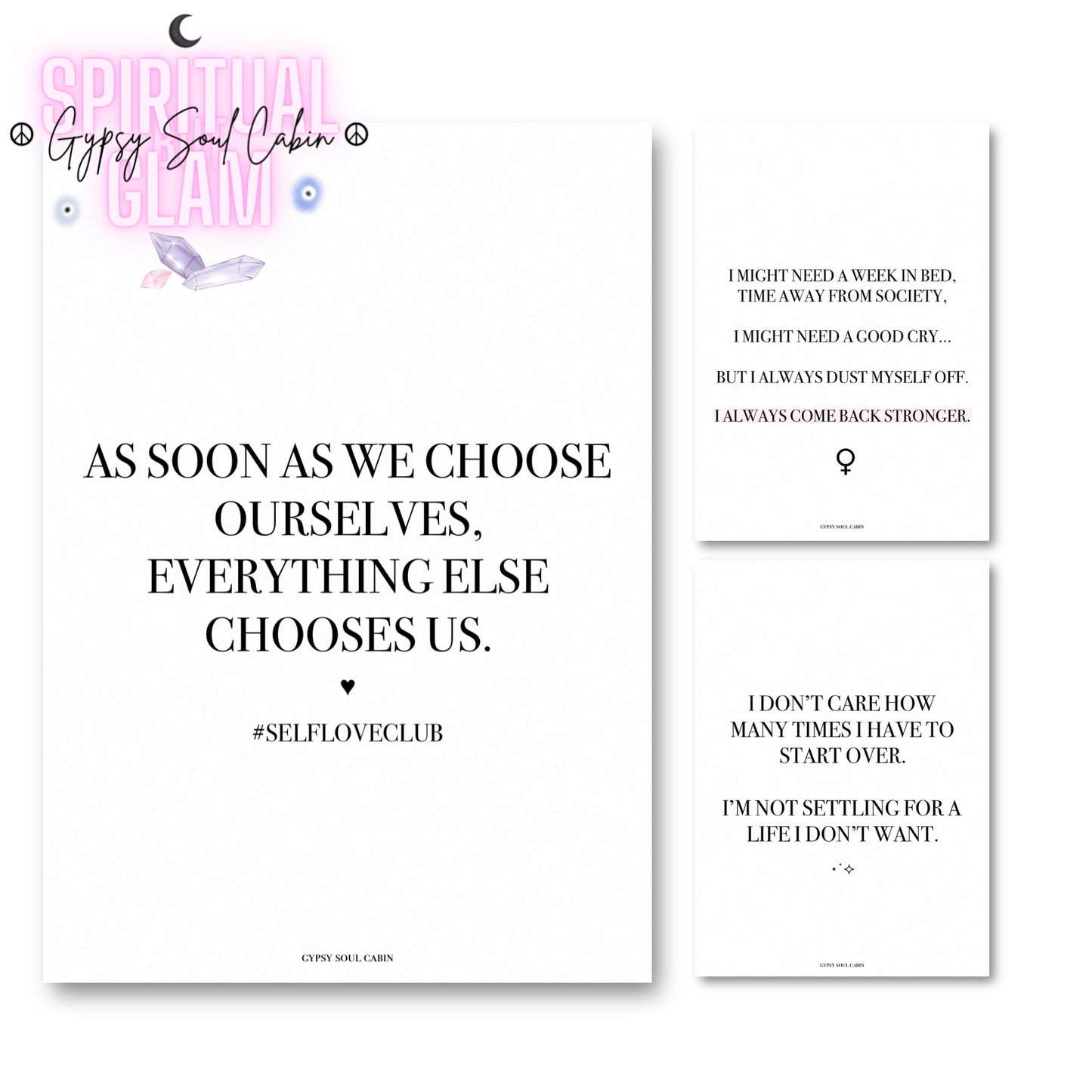 Set of three minimalist black-and-white A4 typography wall art prints featuring modern self-love affirmations and empowering female-mindset quotes.