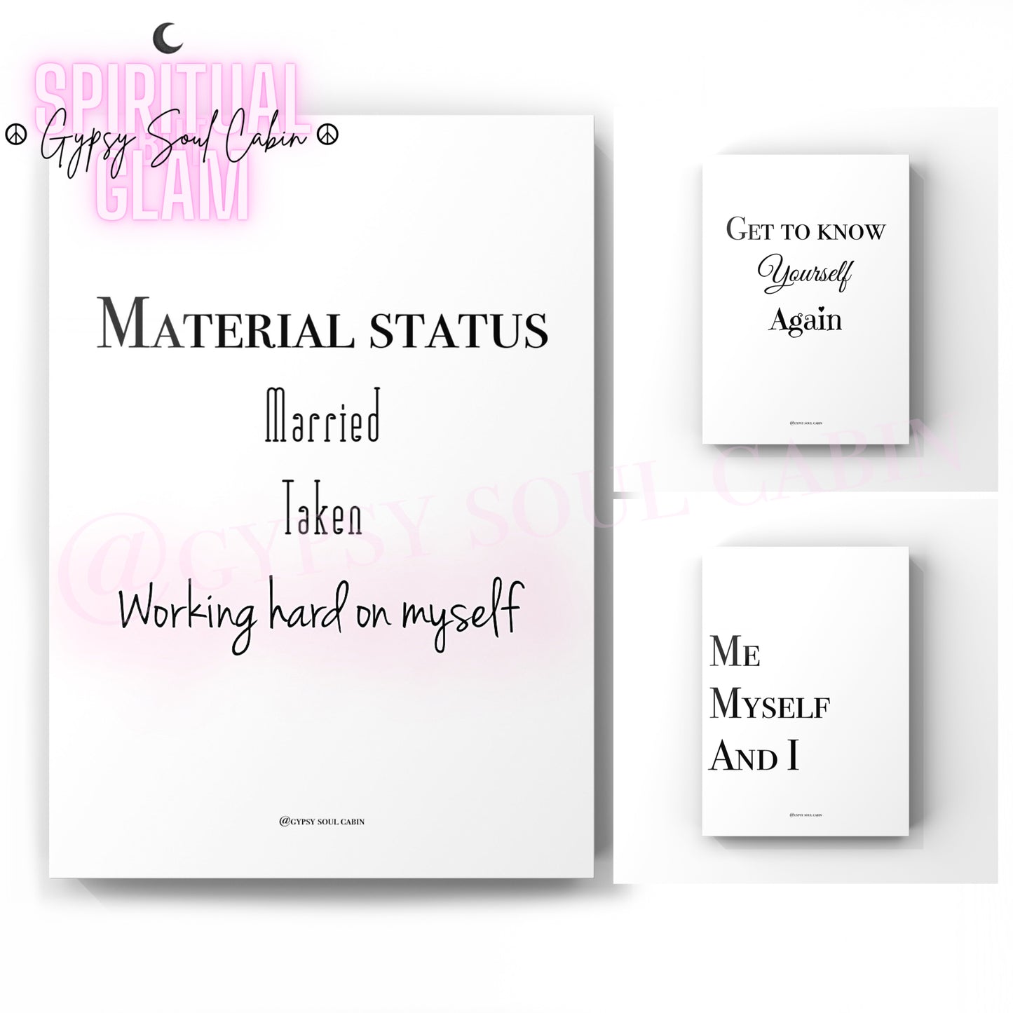 Set of three minimalist black and white A4 typography prints focused on independence, self-discovery, and working on yourself.