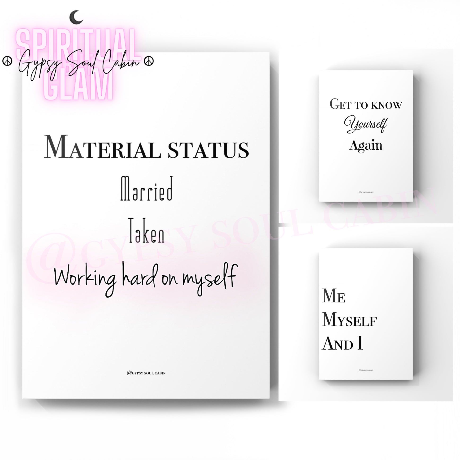 Set of three minimalist black and white A4 typography prints focused on independence, self-discovery, and working on yourself.
