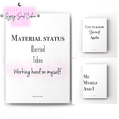 Set of three minimalist black and white A4 typography prints focused on independence, self-discovery, and working on yourself.