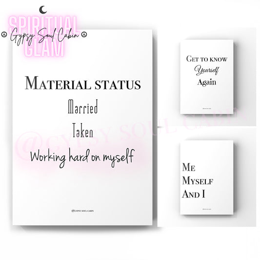 Set of three minimalist black and white A4 typography prints focused on independence, self-discovery, and working on yourself.