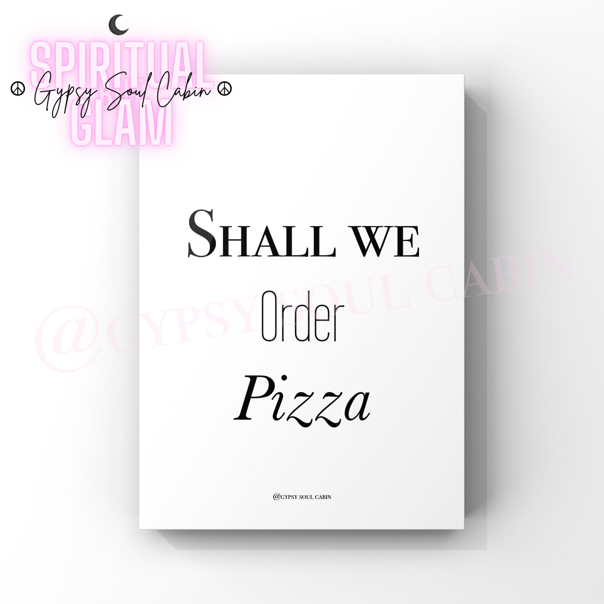 Minimalist A4 black and white typography wall art print featuring the playful cursive text Shall We Order Pizza centered on a white background.