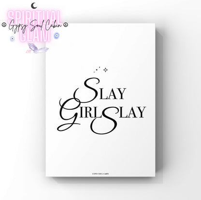 Minimalist black and white A4 quote print with Slay Girl Slay typography and three small stars at the top.