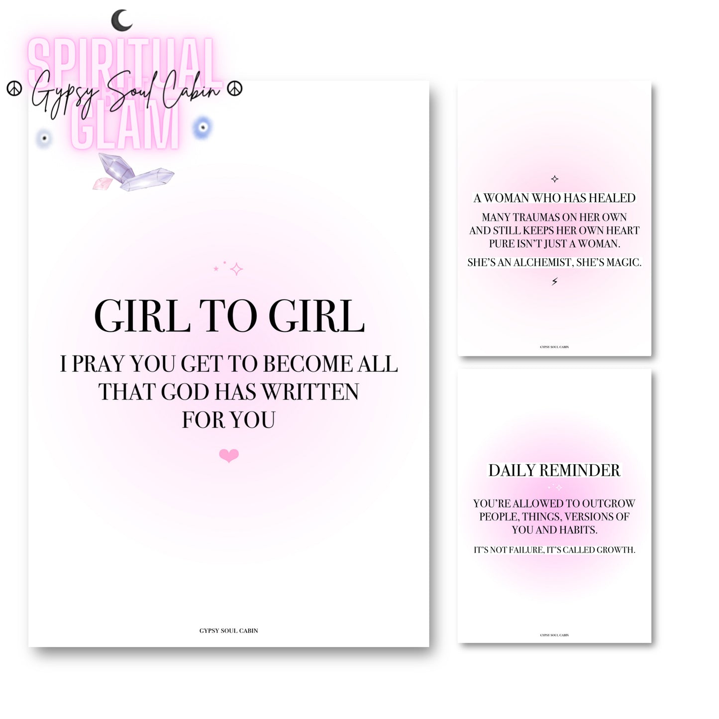 Set of three minimalist pink aura gradient A4 typography prints focused on spiritual encouragement, trauma healing, and mindset transformation.