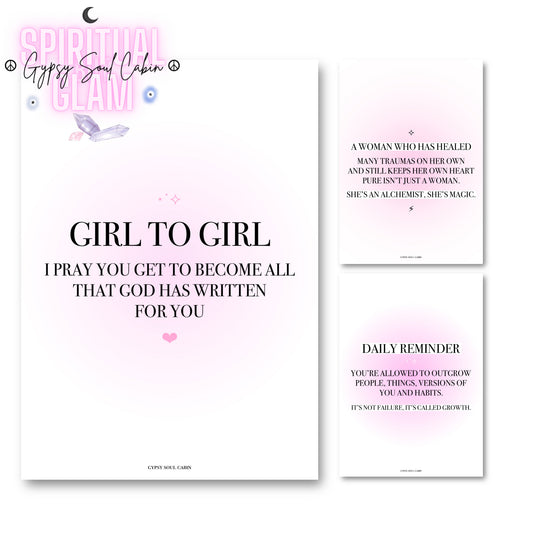 Set of three minimalist pink aura gradient A4 typography prints focused on spiritual encouragement, trauma healing, and mindset transformation.