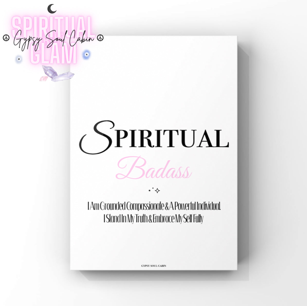 Minimalist A4 typographic wall art print featuring bold black text reading Spiritual paired with soft pink script lettering reading Badass and narrow black affirmation text below.