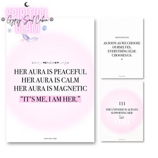Pink and white poster print with a motivational quote on a light background.