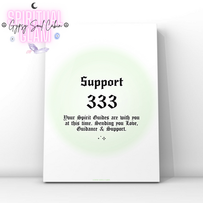 Minimalist A4 spiritual wall art print featuring a soft green aura gradient background with bold black gothic typography reading Support 333 and a Spirit Guides reminder text block.