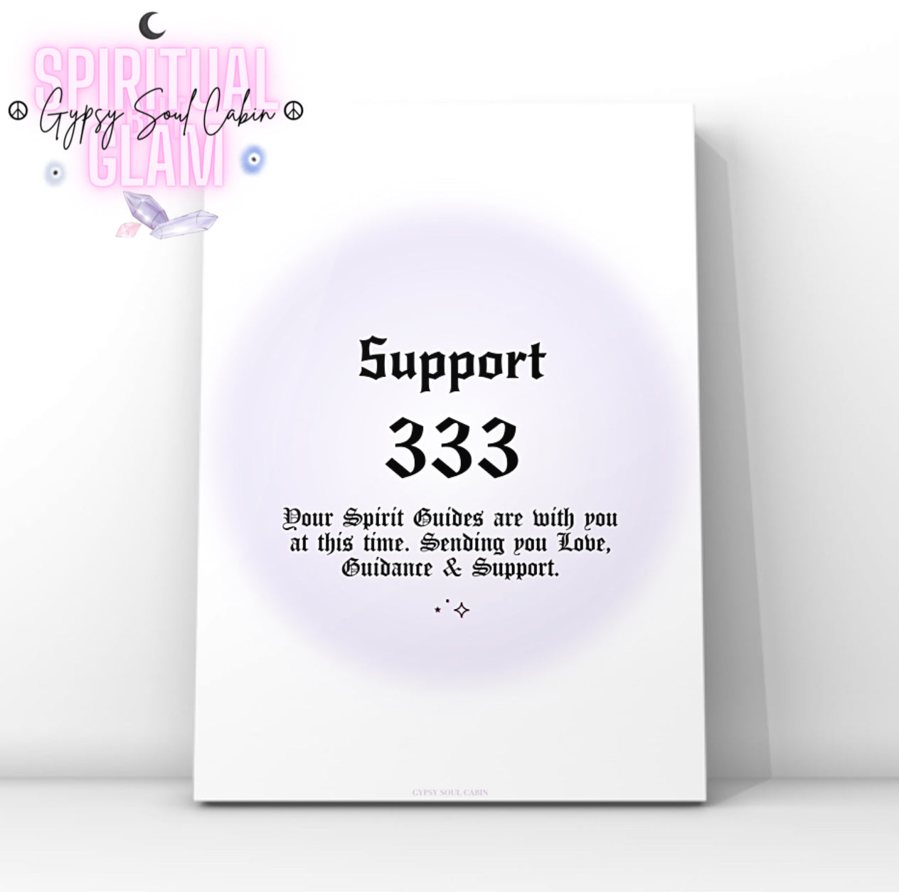 Minimalist A4 spiritual wall art print featuring a soft purple aura gradient background with bold black gothic typography reading Support 333 and a Spirit Guides reminder text block.