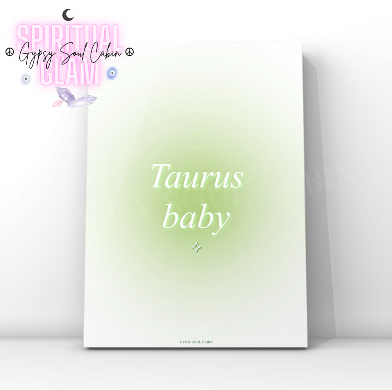 Gypsy Soul Cabin Taurus baby green gradient aura art print with aesthetic spiritual typography and a vibrant green energy design.