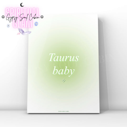Gypsy Soul Cabin Taurus baby green gradient aura art print with aesthetic spiritual typography and a vibrant green energy design.
