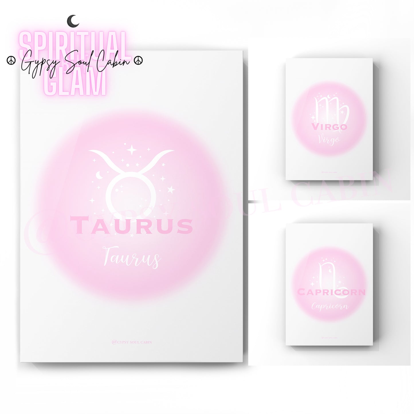 Set of three spiritual pink aura gradient A4 prints featuring Taurus, Virgo, and Capricorn zodiac signs with astrological symbols.