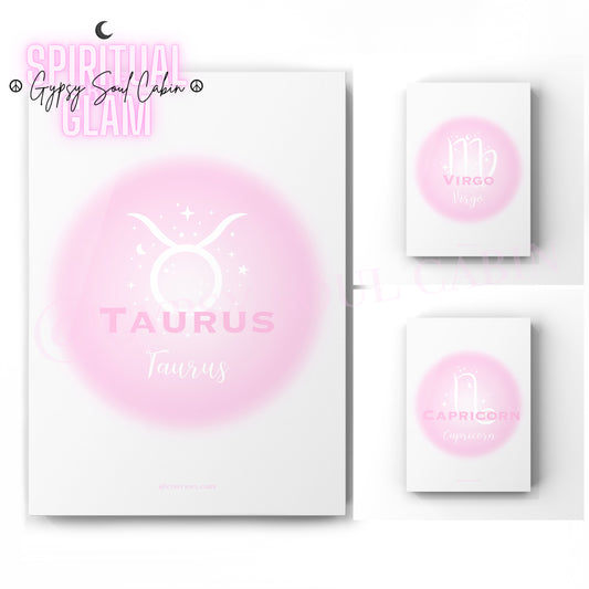 Set of three spiritual pink aura gradient A4 prints featuring Taurus, Virgo, and Capricorn zodiac signs with astrological symbols.