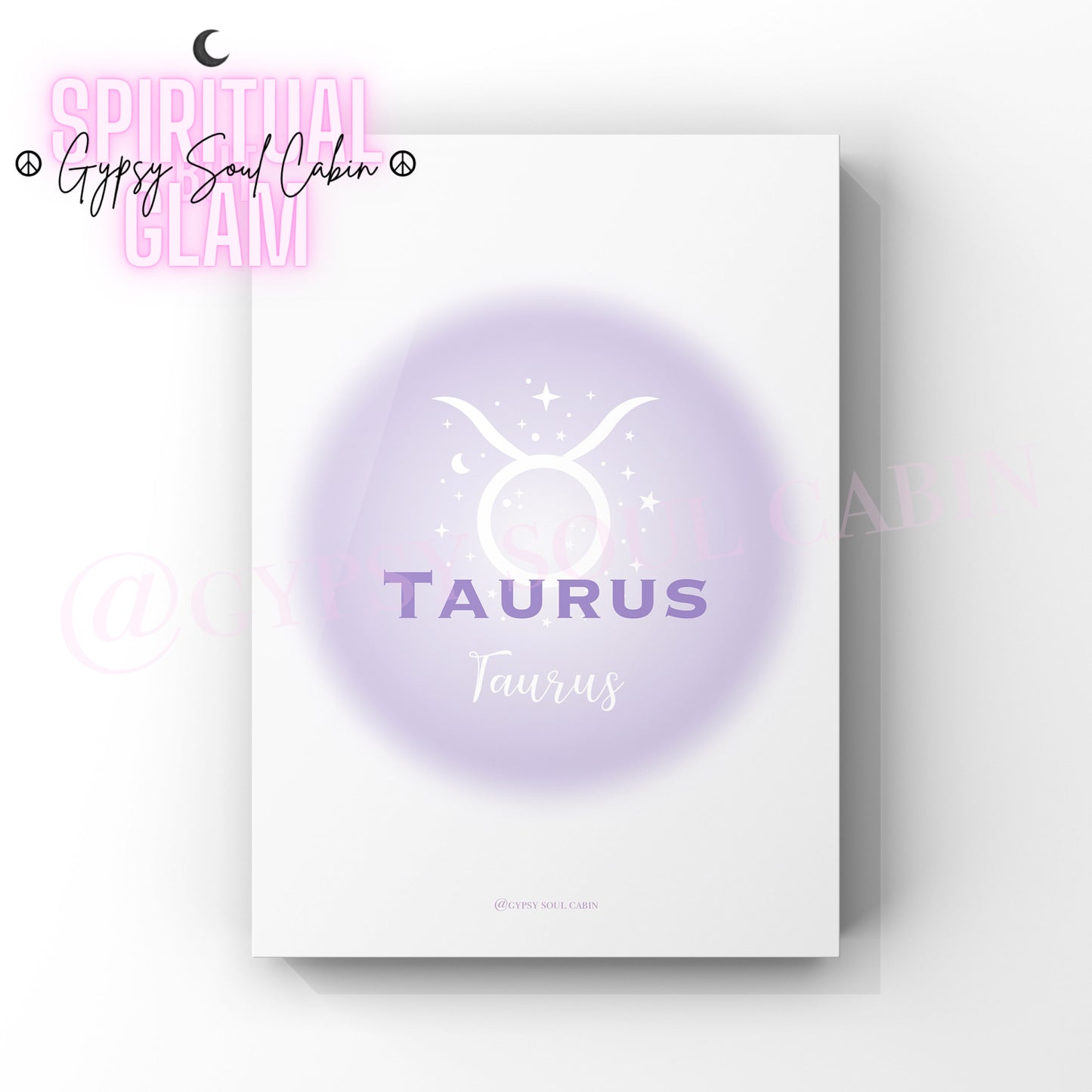 Minimalist A4 astrology wall art print featuring a blurry purple aura circle gradient with the word Taurus and its astrological bull symbol in clean white text.