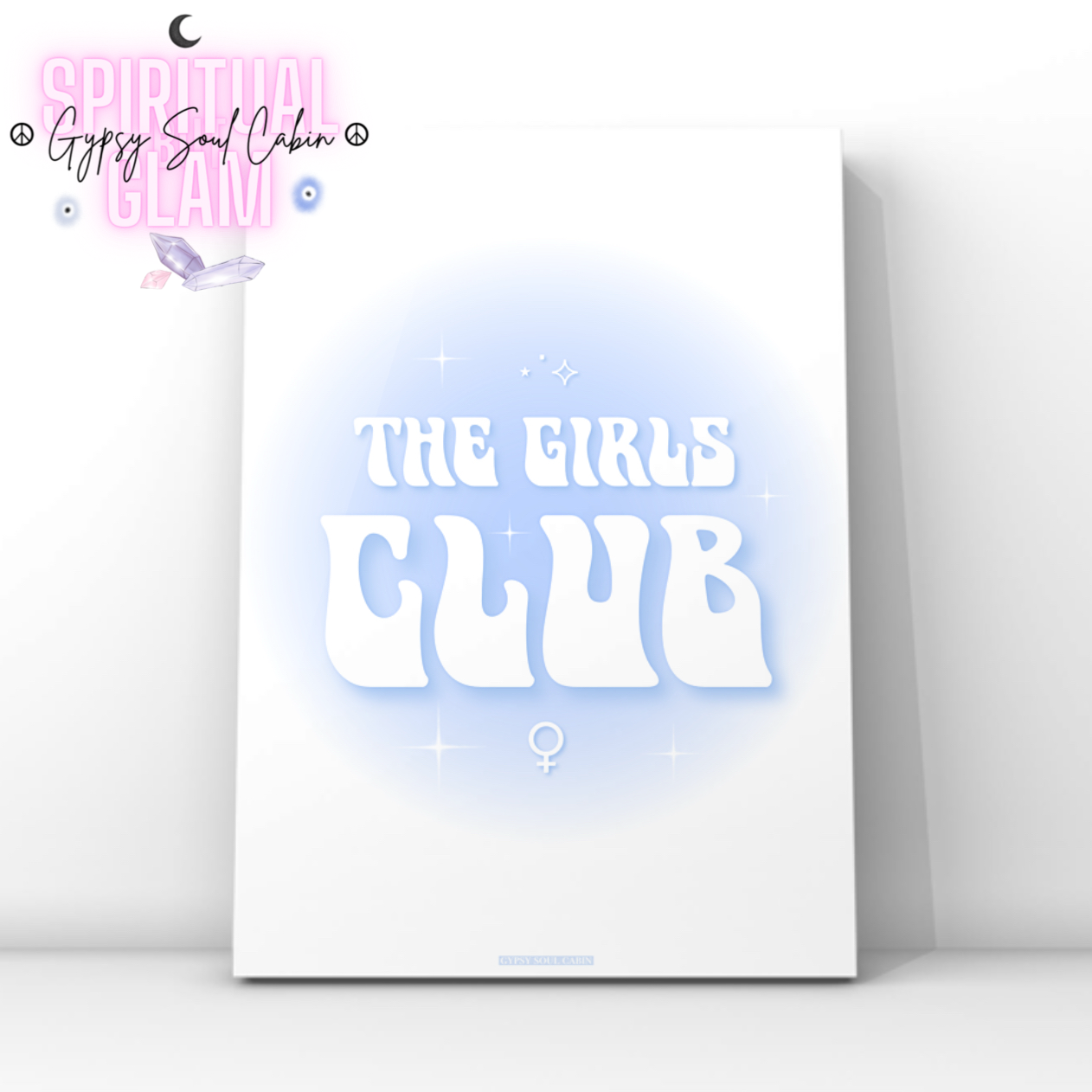 Retro wavy typography print reading The Girls Club with a white female symbol centred under a soft blue gradient aura halo.