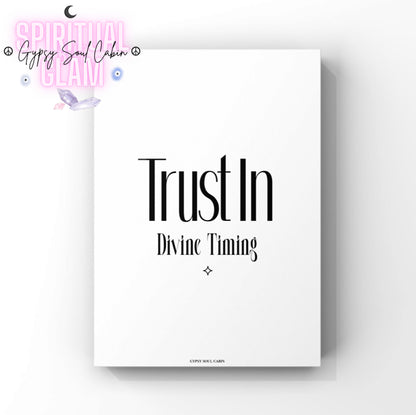 Minimalist spiritual wall art print reading "Trust In Divine Timing," centred on a crisp background with a small matching protective diamond emblem.