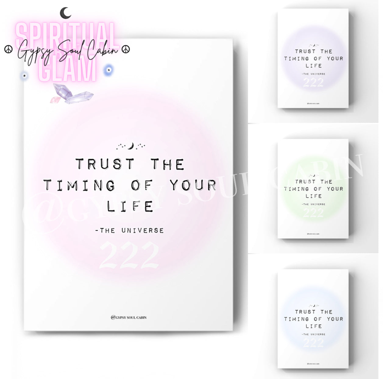 3-piece spiritual typography art print set displaying the manifestation quote Trust The Timing Of Your Life by The Universe with angel number 222 in pink, purple, and mint green aura colour variations.