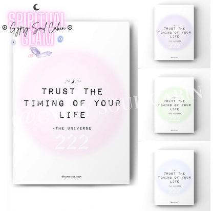3-piece spiritual typography art print set displaying the manifestation quote Trust The Timing Of Your Life by The Universe with angel number 222 in pink, purple, and mint green aura colour variations.