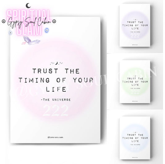 3-piece spiritual typography art print set displaying the manifestation quote Trust The Timing Of Your Life by The Universe with angel number 222 in pink, purple, and mint green aura colour variations.